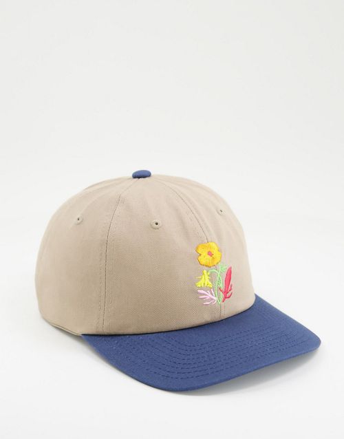 Cap with front logo in colour block with floral embroidery-Brown