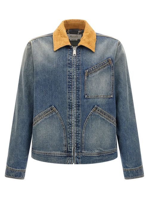Suede-Collar Denim Jacket — Blue