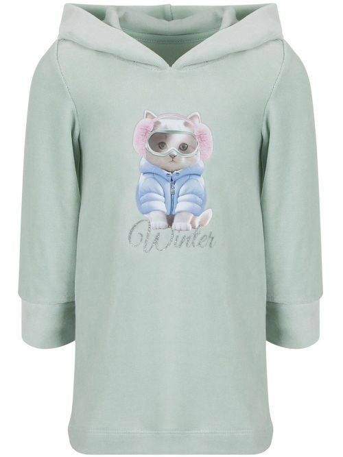 Cat-print hooded cotton dress - Green