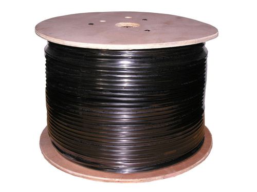 Cat5e 1000ft Black Outdoor Bulk Cable, TAA, Solid, Waterblocking Tape Direct Burial, UTP, 24AWG, 350MHz, Pure Bare Copper, Spool, No Logo, O