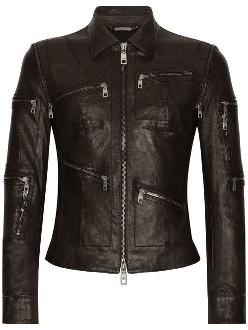Multiple zip-pockets leather jacket - Black