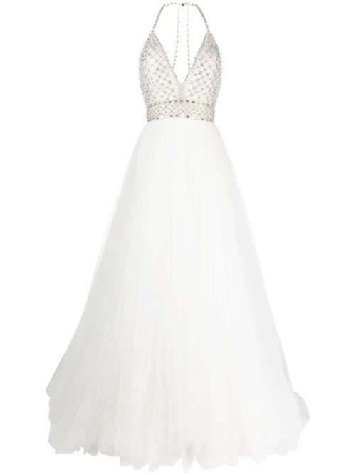 Eva crystal-embellished halterneck gown - White