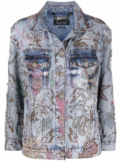 Monogram tattoo-print oversize denim jacket - Blue