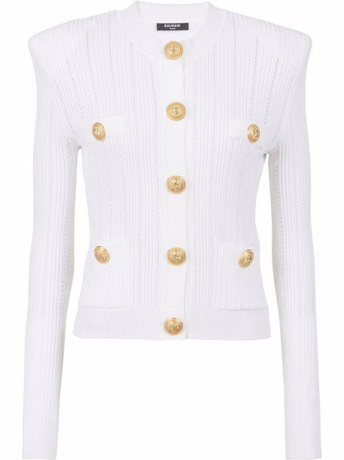 Fine-knit button-fastening cardigan - White