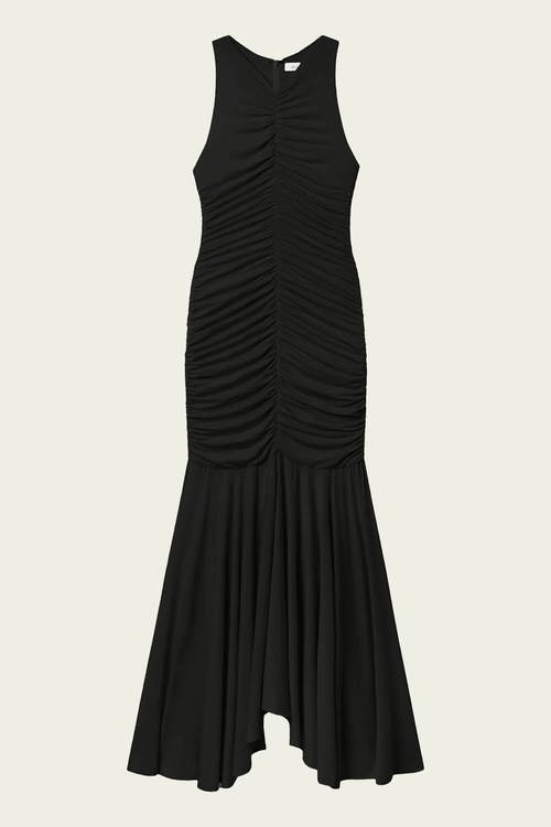 Ayla Ruched Knit Midi Dress in Black