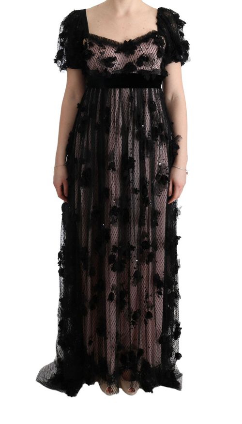 Floral-Appliqué Lace Dress — Black