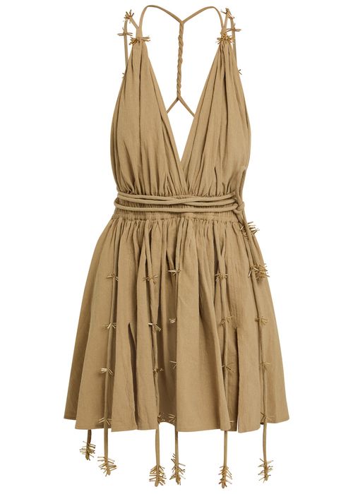 Bead Embellished Halterneck Cotton Mini Dress