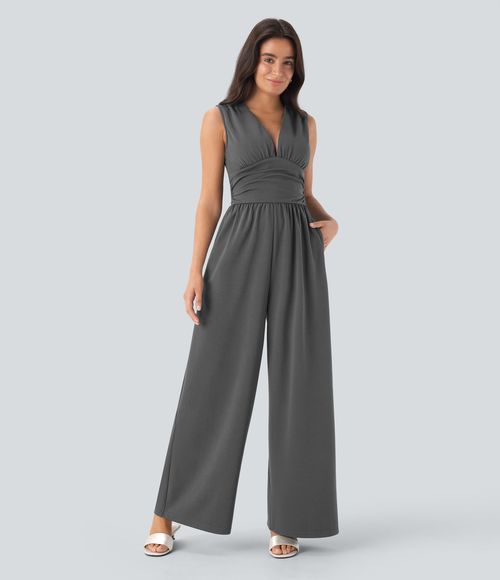 V Neck Sleeveless Ruched Pocket Jumpsuit-Easy Peezy  - Smoked Pearl