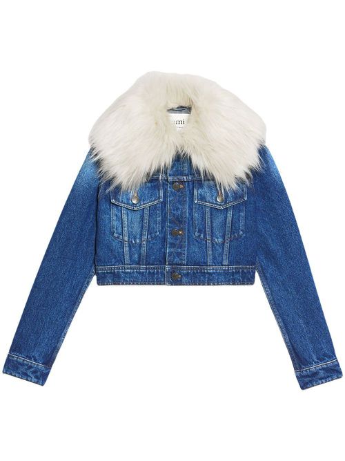 Furry collar denim jacket - Blue