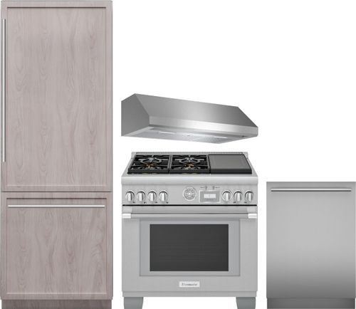 Thermador 4 Piece Kitchen Appliances Package with Bottom Freezer Refrigerator, Dual Fuel Range and Dishwasher in Panel Ready THRERADWRH