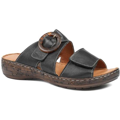 Pavers Women's Wide Fit Leather Adjustable Fasten Sandals in Black