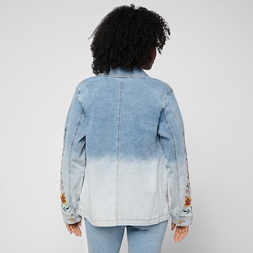 Ombre Dyed Embroidered Sleeve Denim Jacket - Blue