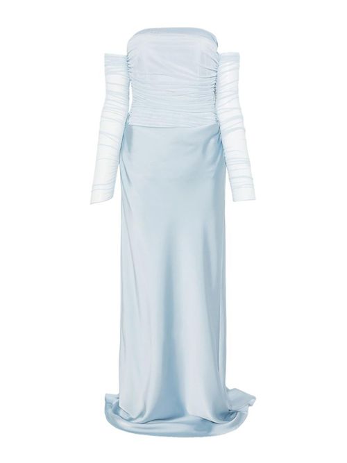 Long dress in light blue with a train