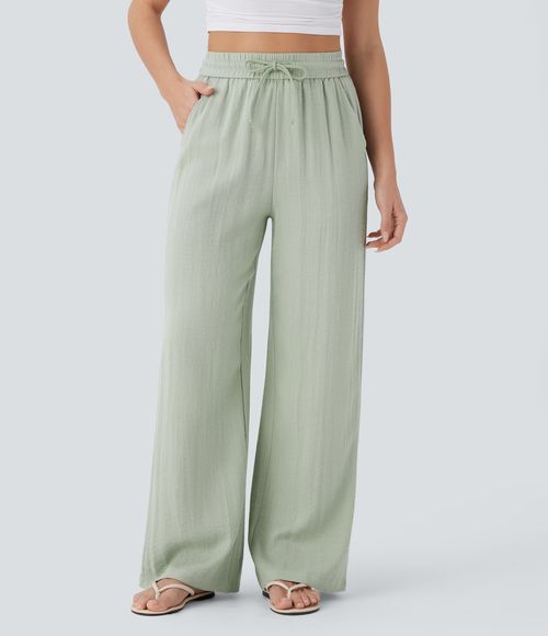 High Waisted Drawstring Pocket Wide Leg Casual Linen-Feel Pants  - Pale Aqua