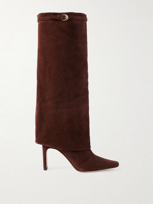 Wally Buckled Suede Knee Boots - Brown