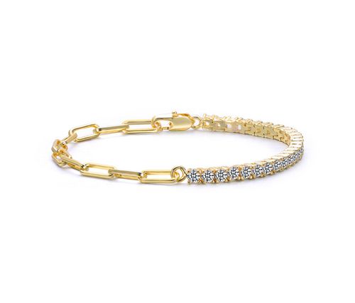 14K Gold Plated with Clear Cubic Zirconia Half Tennis Half Link Bracelet