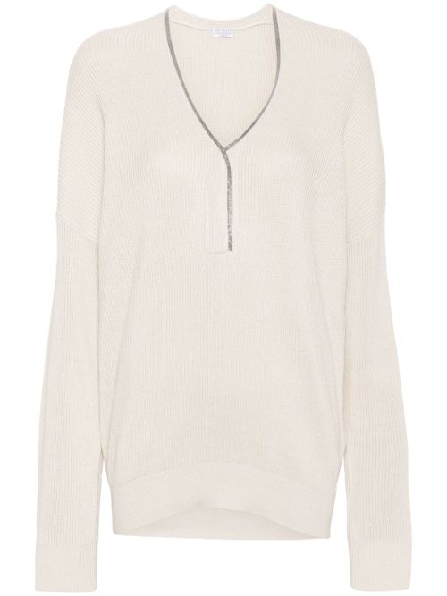 Monili-Chain Ribbed Sweater — Beige