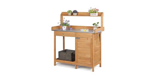 Potting Bench with Galvanized Steel Table Top for Durable Outdoor Gardening - Natural