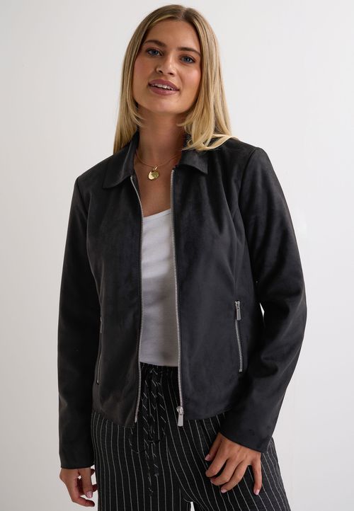 Womens Black Suedette Zip Through Jacket