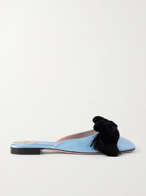 Reinette Bow-embellished Velvet-trimmed Satin Mules - Blue
