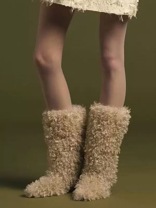 Lambswool Ecru White Round Toe Puppy Heel Mid Calf Boots For Women Boot