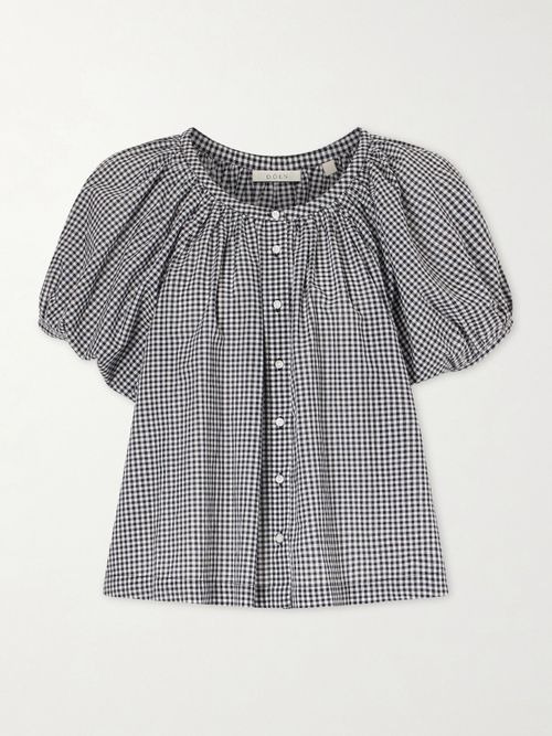June Gathered Checked Cotton Blouse - Black