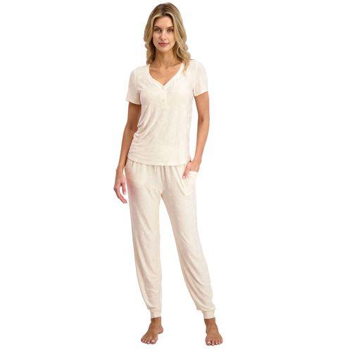 Burnout Short Sleeve & Pant Pj Set Cream XL:- Cream