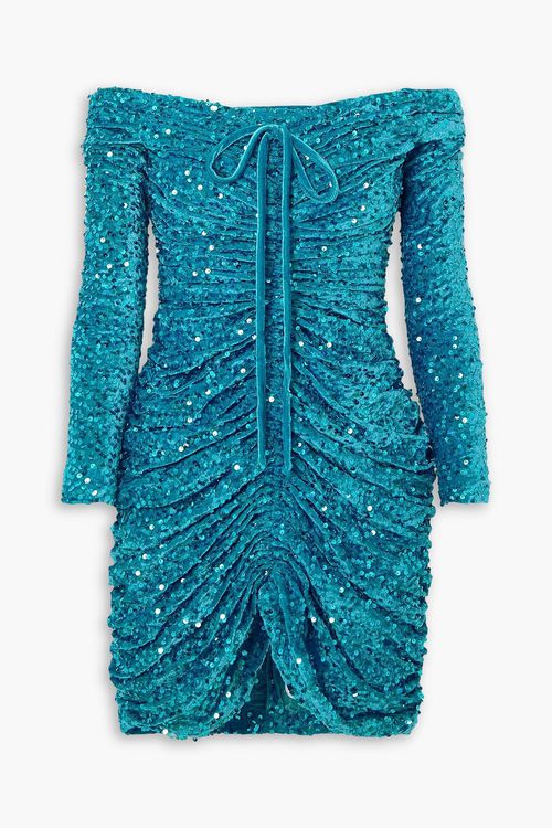 Ruched off-the-shoulder sequined stretch-velvet mini dress