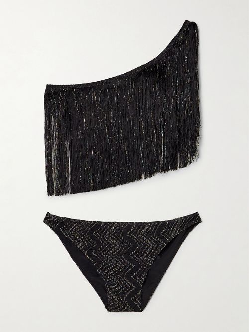 Mare Fringed Striped Metallic Crochet-knit Bikini - Black