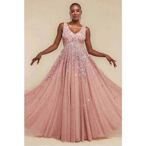 Goddiva Sunray Hand Embellished Sequin A-Line Sleeveless Maxi Dress - Blush Pink