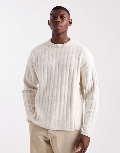 Oversized thick rib knit sweater in beige-Neutral