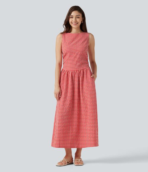 Boat Neck Sleeveless Gingham Midi Casual Dress with Pockets Casual Dress - Cherry Crush