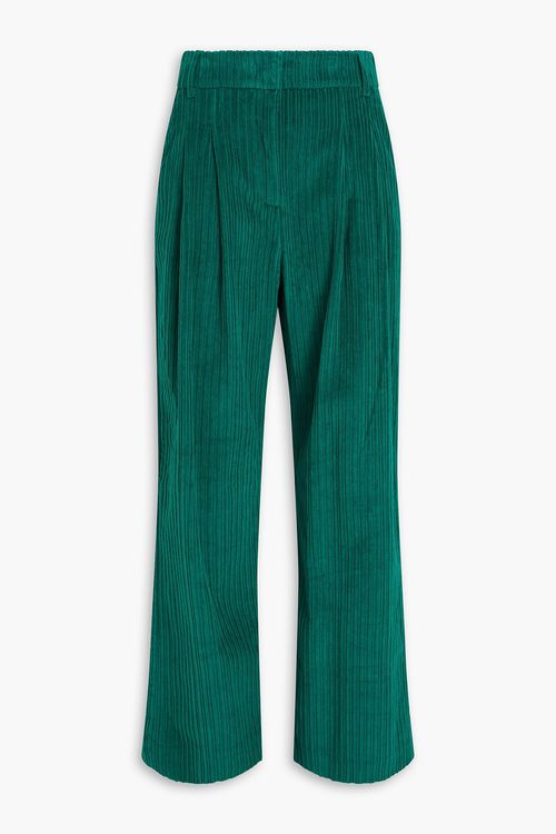 Pleated cotton-corduroy wide-leg pants - Green - XS