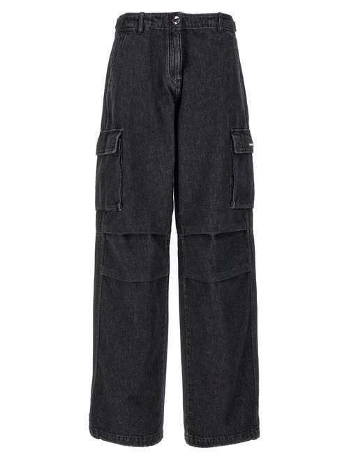 -Denim Wide Leg Cargo Jeans Nero-Donna