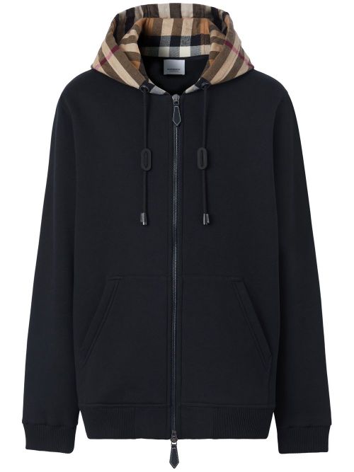 Cotton Check Pattern Drawstring Hooded Sweater with Front Zip