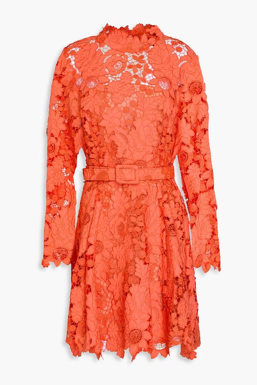 Belted cutout guipure lace mini dress