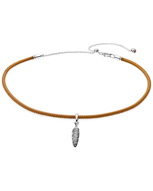 Silver & Golden Tan Leather Choker With Feather Charm Necklace