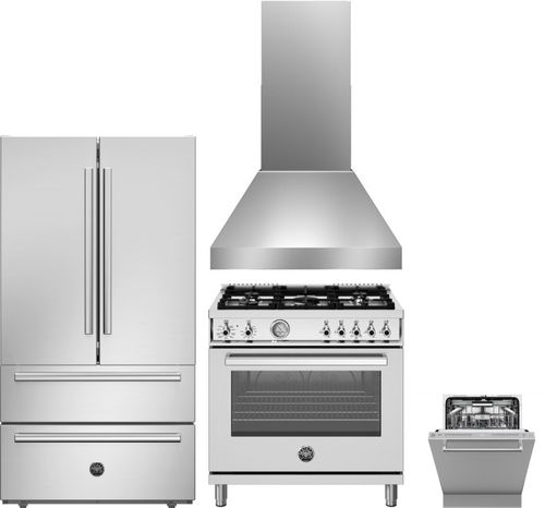 Bertazzoni 4 Piece Kitchen Appliances Package with French Door Refrigerator, Dual Fuel Range and Dishwasher in Stainless Steel BERERADWRH1175