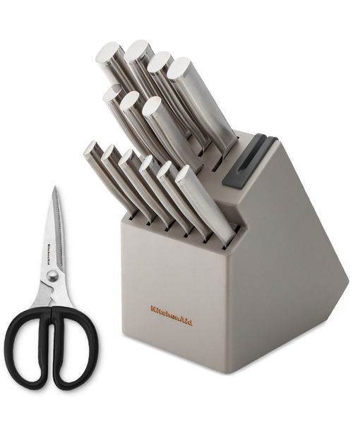 Gourmet 15-Pc, Japanese Steel Knife & Sharpener Block Set - Gray