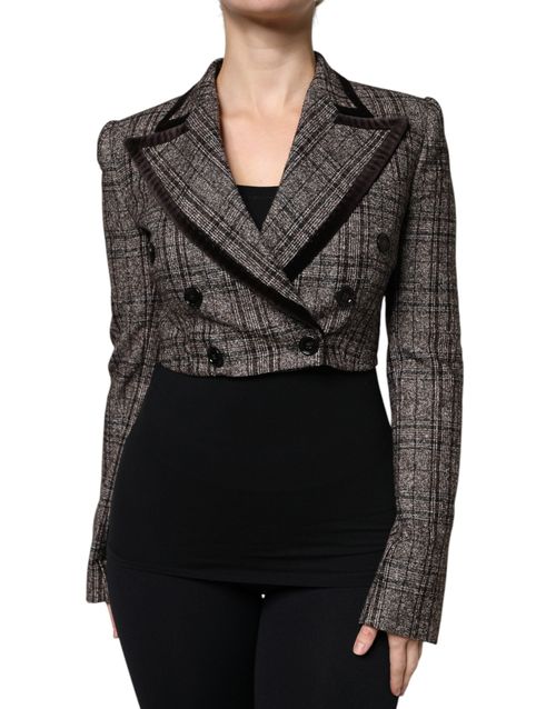 Plaid Wool Blend Cropped Blazer — Brown