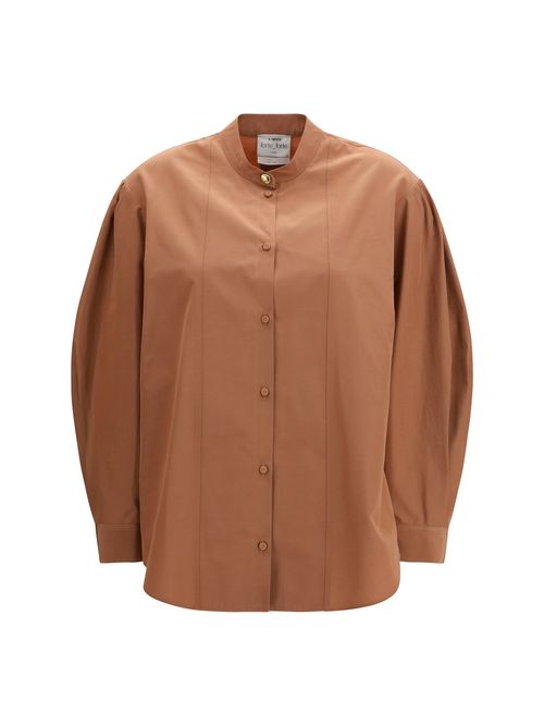 High-Neck Puff-Sleeve Shirt — Beige