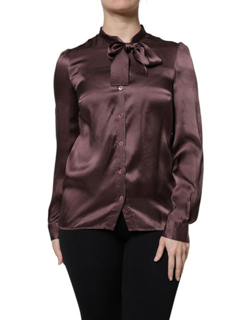 Ascot Collar Silk Blouse — Brown