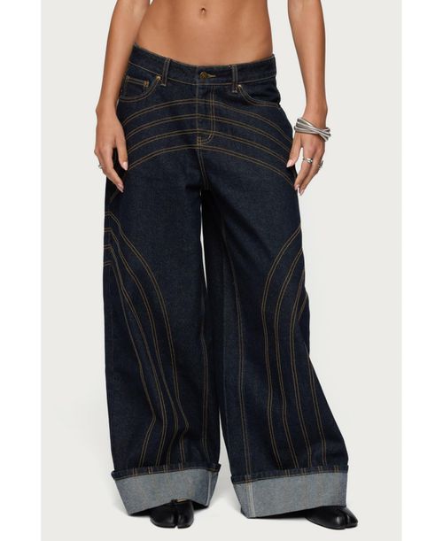Women's Cuffed Low Rise Wide Leg Jeans - Indigo-blue-raw-washed