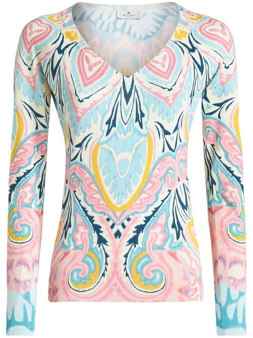 Graphic-print V-neck jumper - Blue