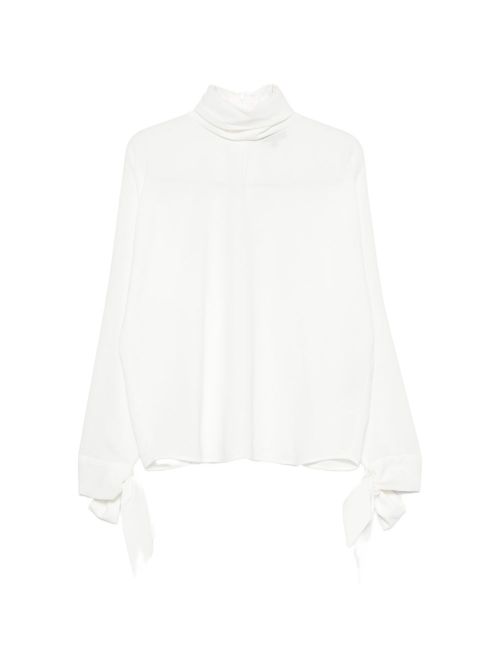 High-Neck Crepe with Bow-Tie Cuffs Blouse — White