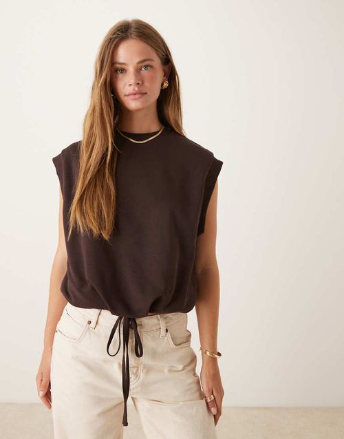 Bubble hem co ord sweat top with drawstring detail in dark brown