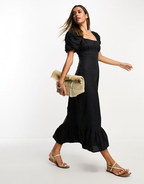 & linen puff sleeve midaxi dress with split in black