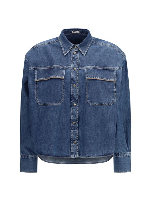 Chain-Embellished Cotton Denim Denim Shirt — Blue