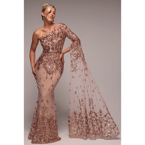 Sequin Mesh One Shoulder Evening Maxi Dress - Champagne by Goddiva