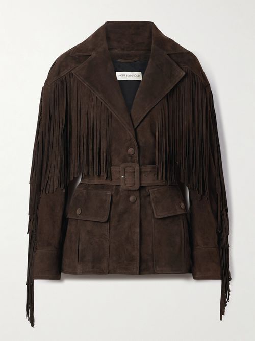 Cassidy Belted Fringed Suede Jacket - Brown